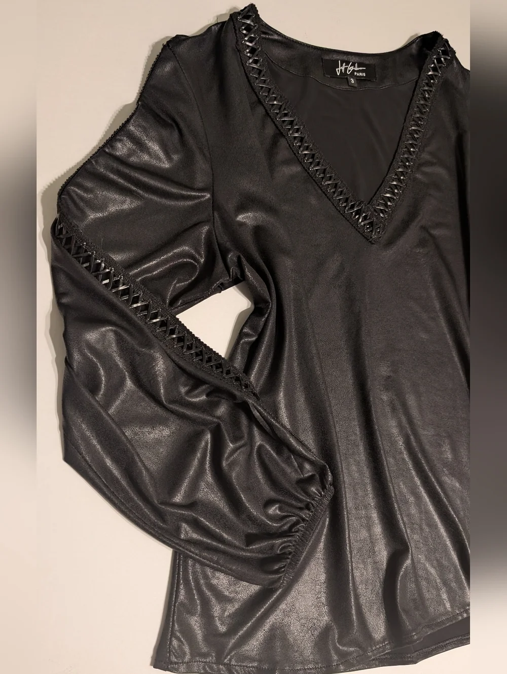 Jeff Gallano Paris Vintage Y2K Edgy Black Sleek Leather Like Whimsigoth Top